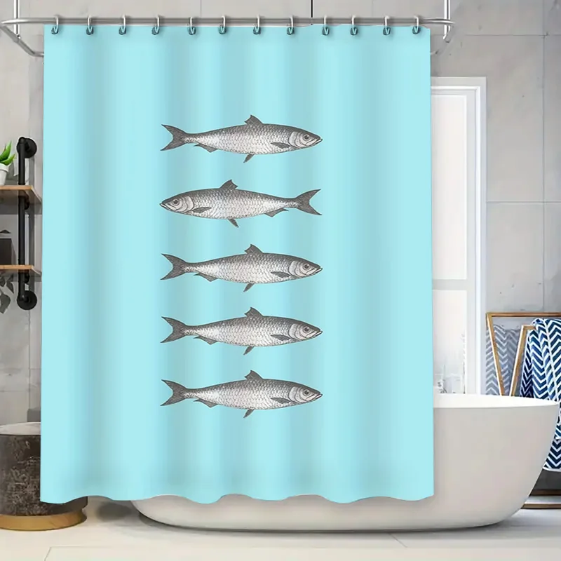 

Vintage Fish Print Shower Curtain Blue Bath Rug Decor Waterproof Bathroom Accessories Modern Home Decoration for Kids Room Bathr