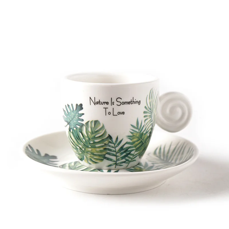 

90ml Ceramics Coffee Cup And Saucer Set Nordic Fresh Cafe Drinkware Plant Monstera Office Mug Milk ESPRESSO SHOT Teacup For Girl