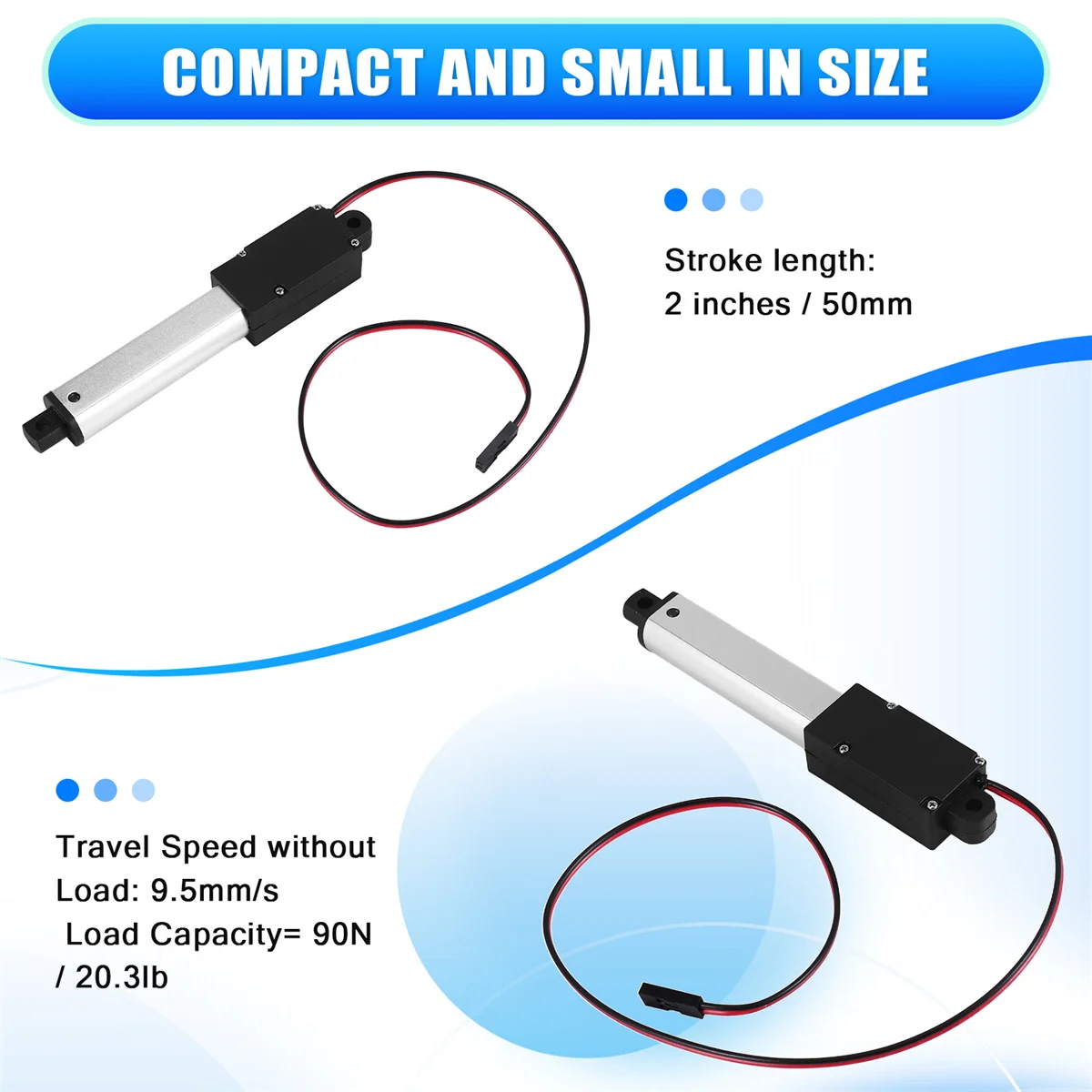 Attuatore micro-lineare, corsa da 2 pollici, 90N/20,3Lb, velocità 9,5 mm/S Attuatore lineare motore attuatore elettrico impermeabile 12V