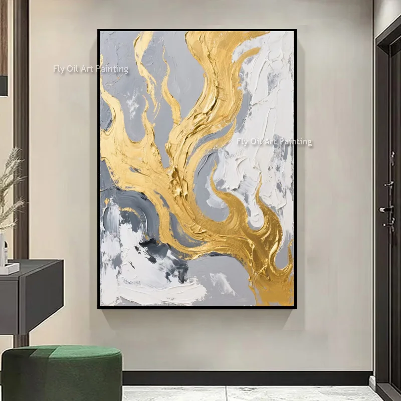 Arte de pared abstracto gris y blanco hecho a mano, nueva pintura al óleo Original dorada amarilla y gris sobre lienzo para decoración de habitación y salón como regalo