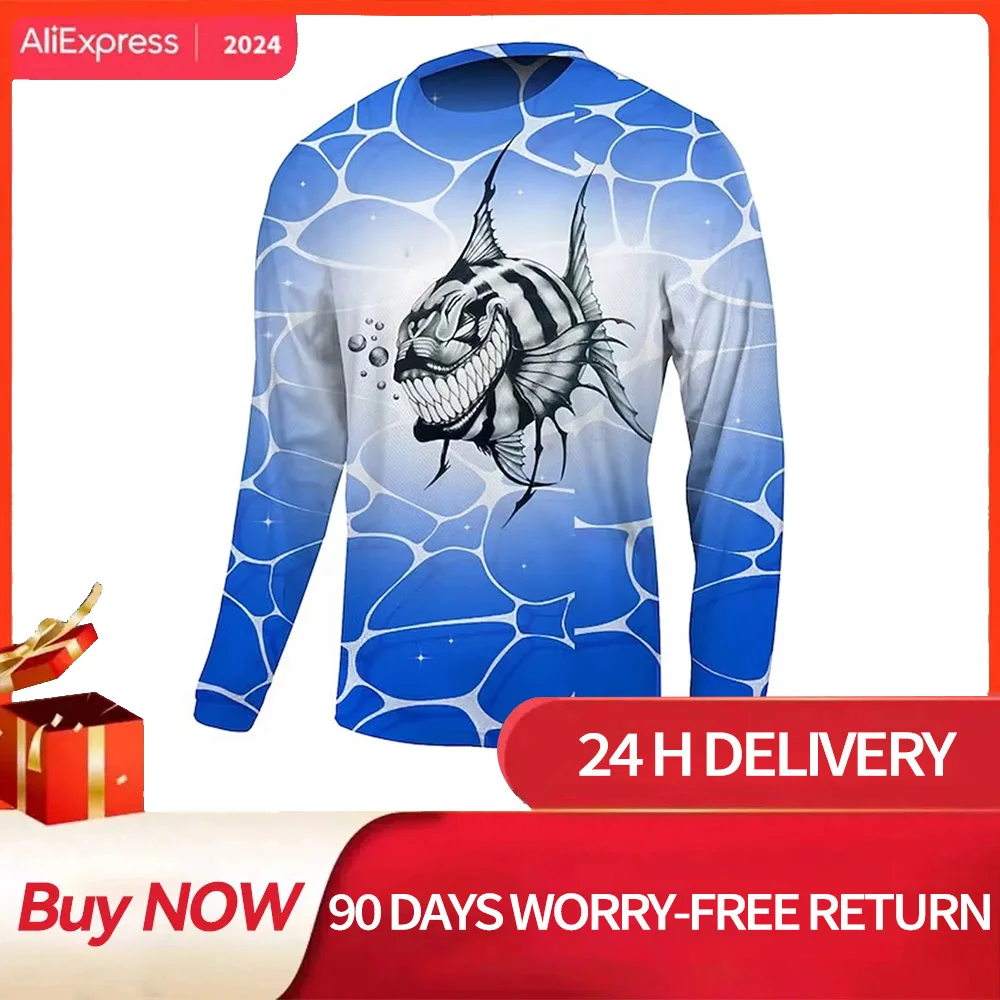 2024 Men\'s Fishing Shirt Long Sleeve Piranha Sea Wave Print Outdoor Running Training Breathable O Neck T-Shirt Fishing Clothing
