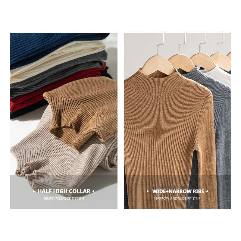 Sweter damski z wełny merino 100%, możliwość prania w pralce, golf, dzianinowy, idealny jako warstwa bazowa na jesień i zimę, swetry do noszenia pod ubrania.