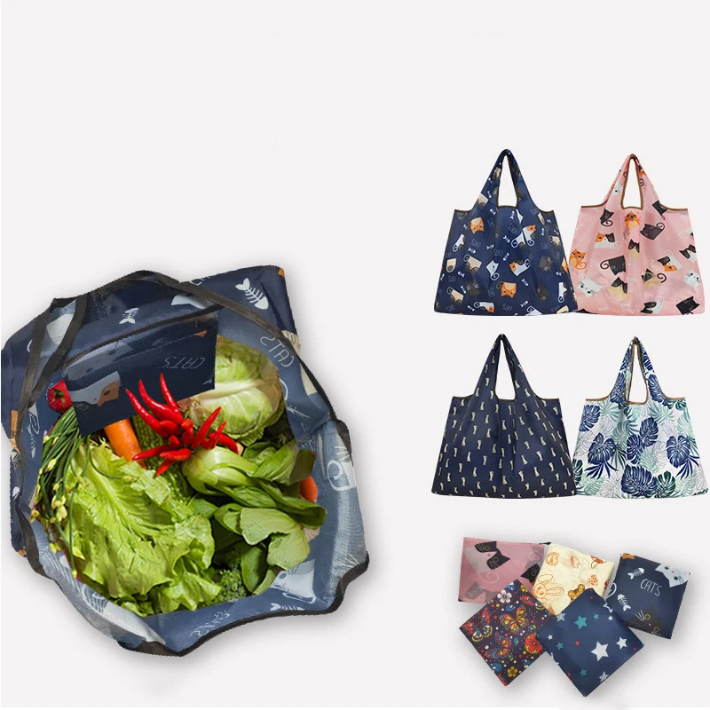 Fashion Pocket Tote Women Bag Eco-Friendly Folding Shopping Bag Reusable Portable Shoulder Handbag for Travel Supermarket