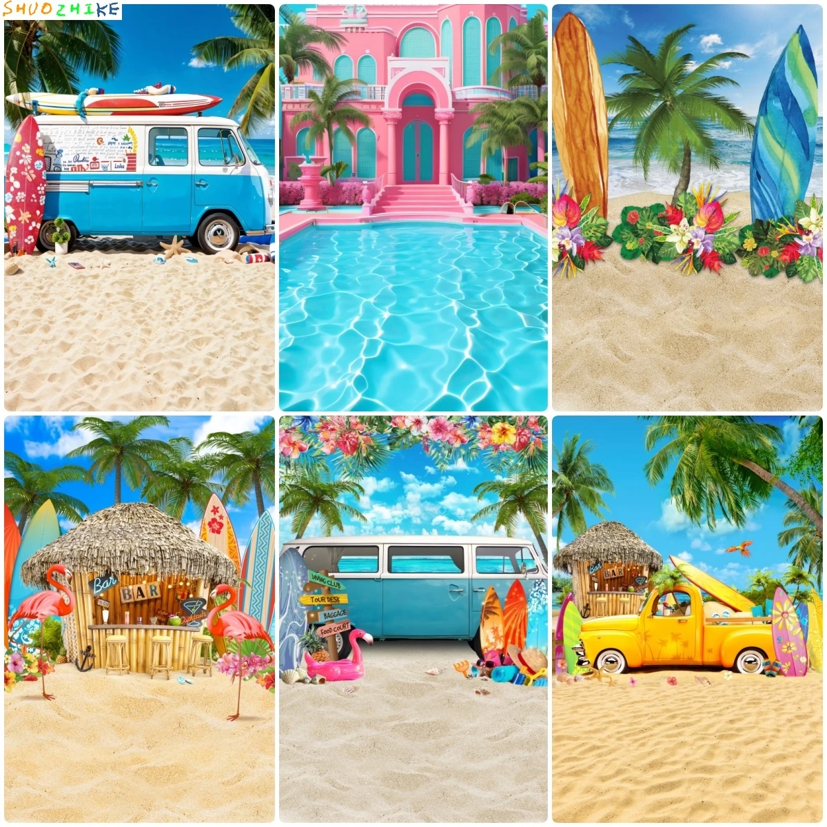 

Summer Seaside Tropical Palm Tree Beach Photography Backdrop Hawaiian Flamingo Ocean Surfboard Birthday Photo Background Props