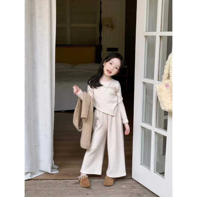 Girls Spring and Autumn New Korean Style Knitted Bottoming Shirt Wide Leg Pants Two-piece Set