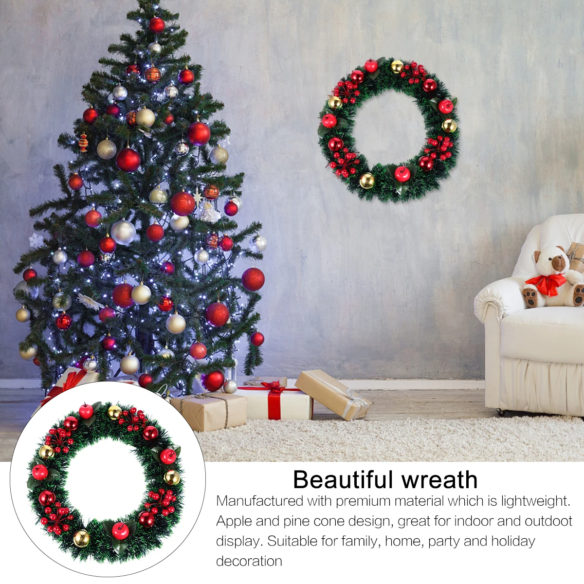 

1 pc Christmas Wreath Door Hanging Decorations Tree Garland Outdoor Indoor Artificial Pvc Floral Pendant Apple Pine Cone Design