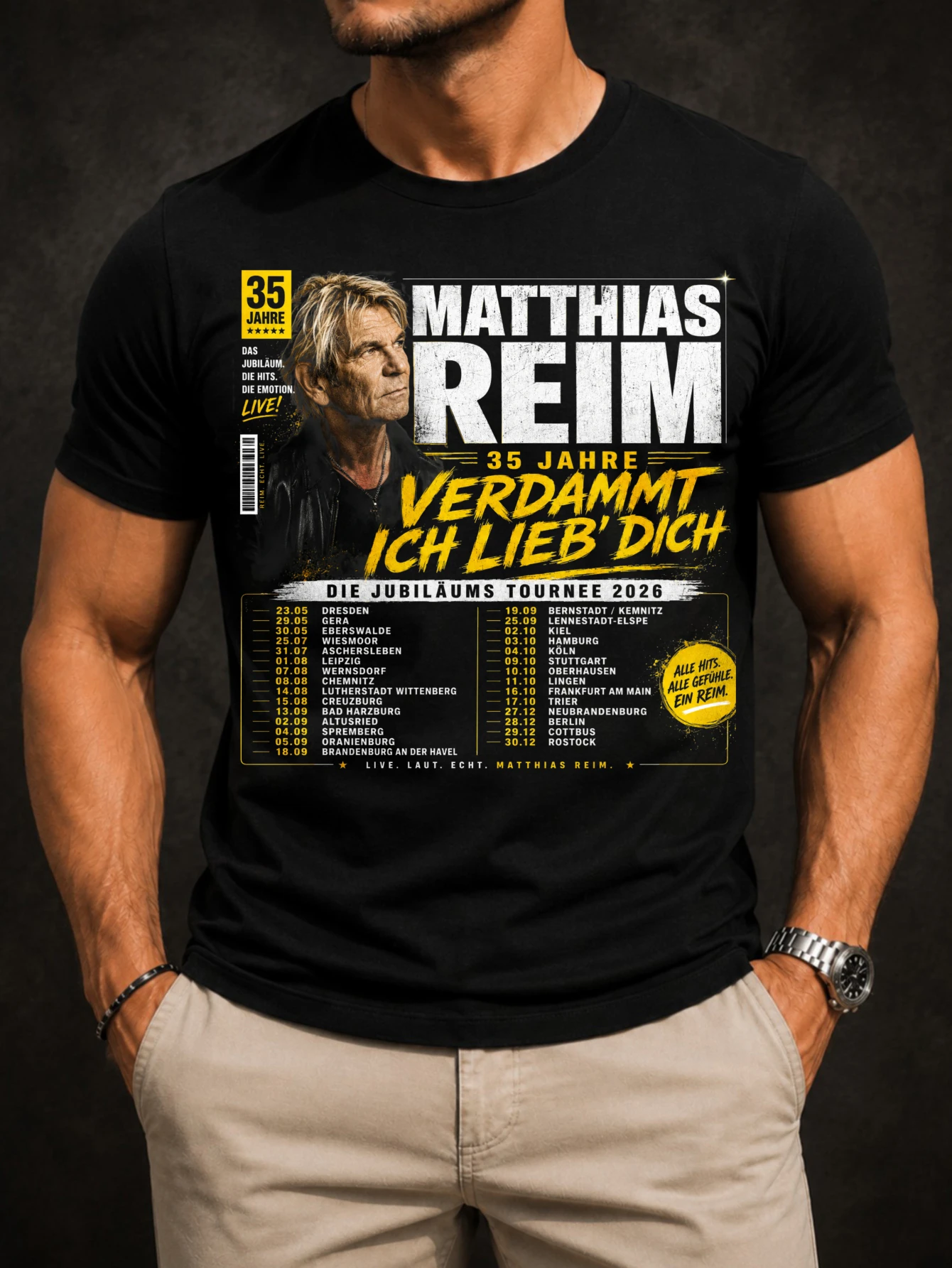 Matthias Reim Tour With Singer Portrait Yellow  Layout 35 Jahre And 2026 Date List mes Unisex All  Unisex All T-Shirt