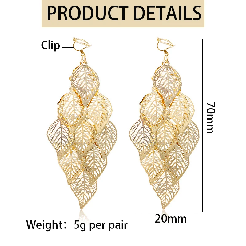 Bohemian Vintage Hollow Leaf Pendant Clip on Earrings for Women No Pierced Colorful Dangle Earrings 2024 New Fashion Jewelry