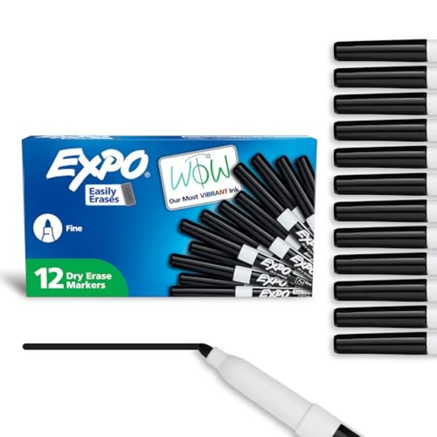 

Dry Erase Markers, Low Odor Ink, Black, Fine Tip, 12 Count - Whiteboard, Calendar, Organization, Essential Supplies for Office,