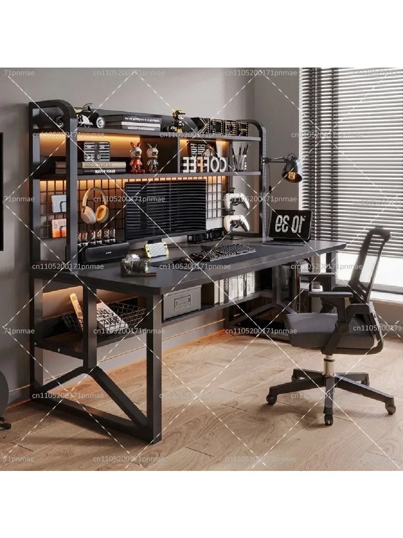 Black Wide Study Desk Modern Office Sturdy PC Desk with Shelf Y-Shaped Metal Frame Gaming Computer Table for Home