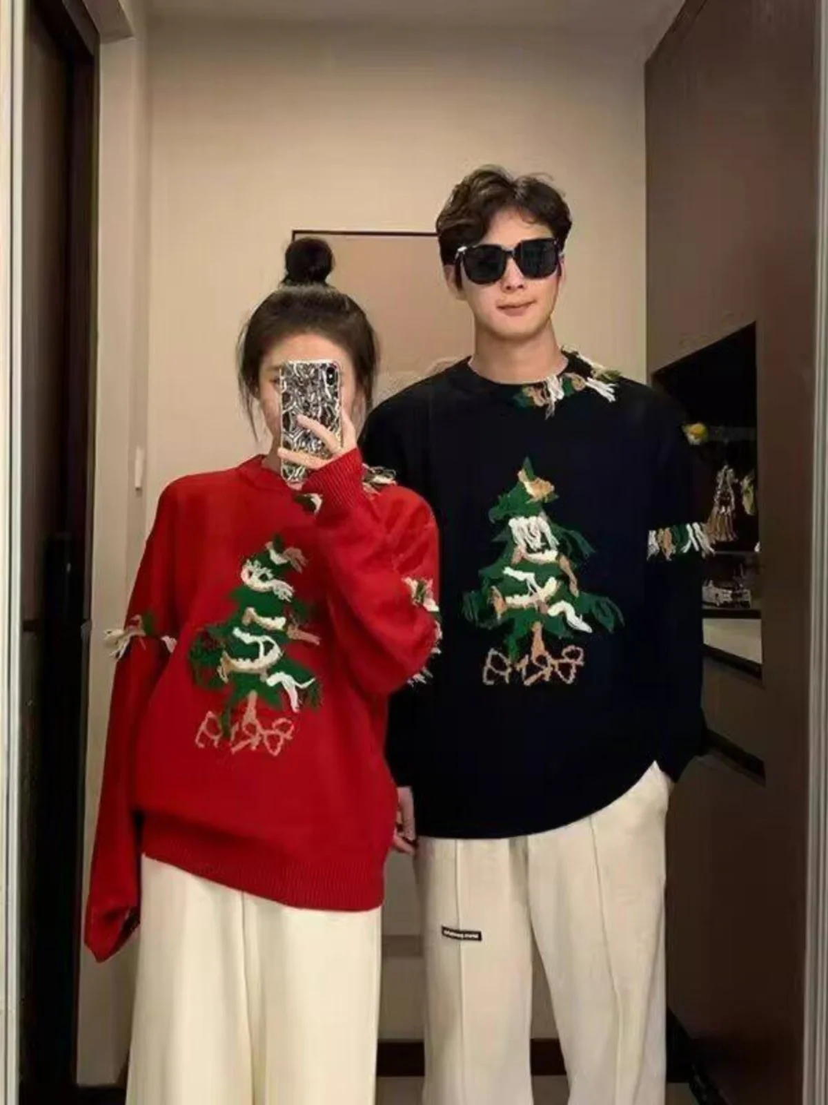 

Рождественский красный вязаный свитер мужской, зимний, в американском ретро-стиле, с круглым вырезом, парный, свободного кроя, повседневный, с длинным рукавом