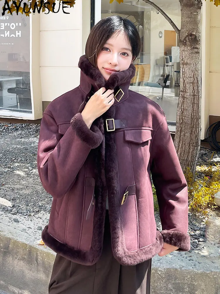 

AYUNSUE Женская шуба из натуральной овчины, куртка из натуральной кожи мериноса, зимняя одежда, женская шуба из натурального меха ягненка