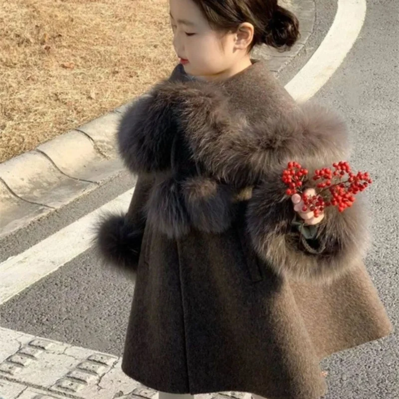 Girls Woolen Coat Overcoat Jacket Windbreak Outerwear 2024 Fuzzy Thicken Winter Warm Snowsuits Christmas Gift Children\'s Clothin