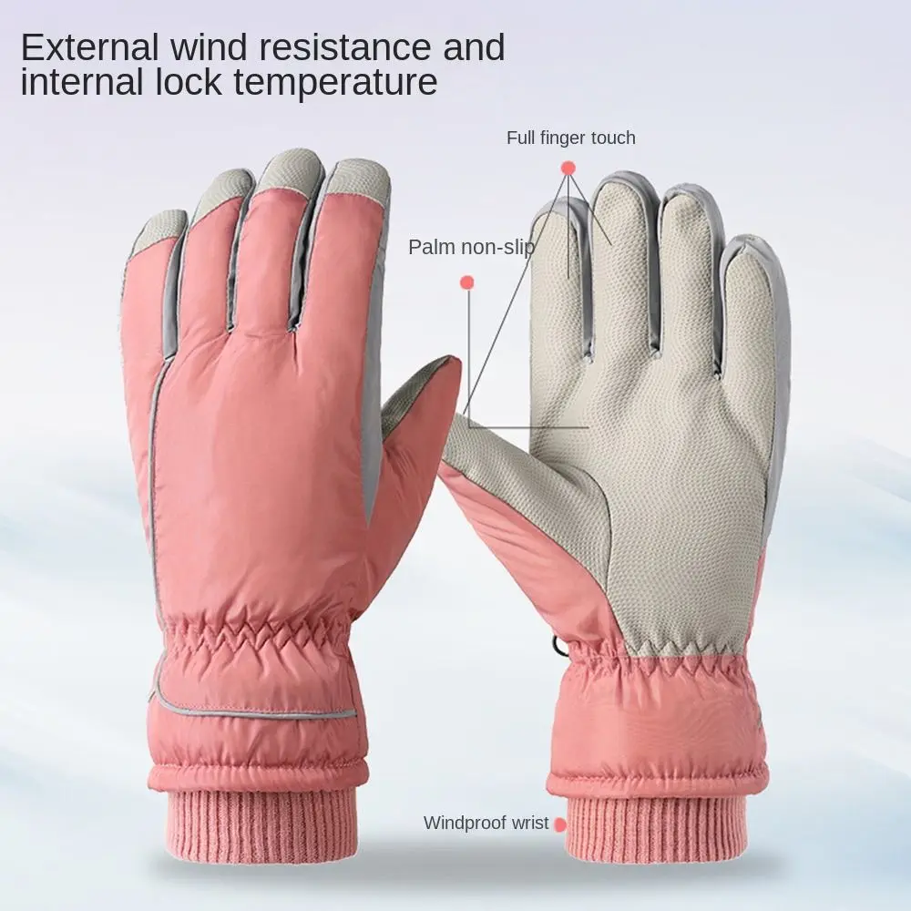 Guantes de felpa a prueba de viento con pantalla táctil para mujer, Guantes Térmicos gruesos de forro polar de PU de dedo completo, guantes de nieve impermeables, cálidos de invierno