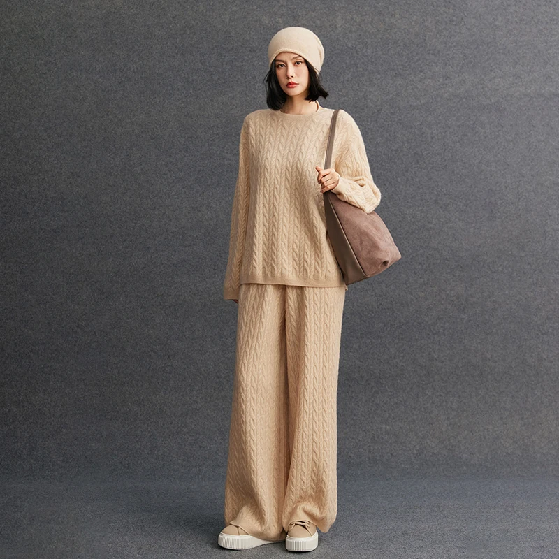 Women's Matching Set 100% Pure Cashmere Round Neck Pullover Sweater Casual Solid Knitted Loose Straight Leg Pants Two-Piece Set
