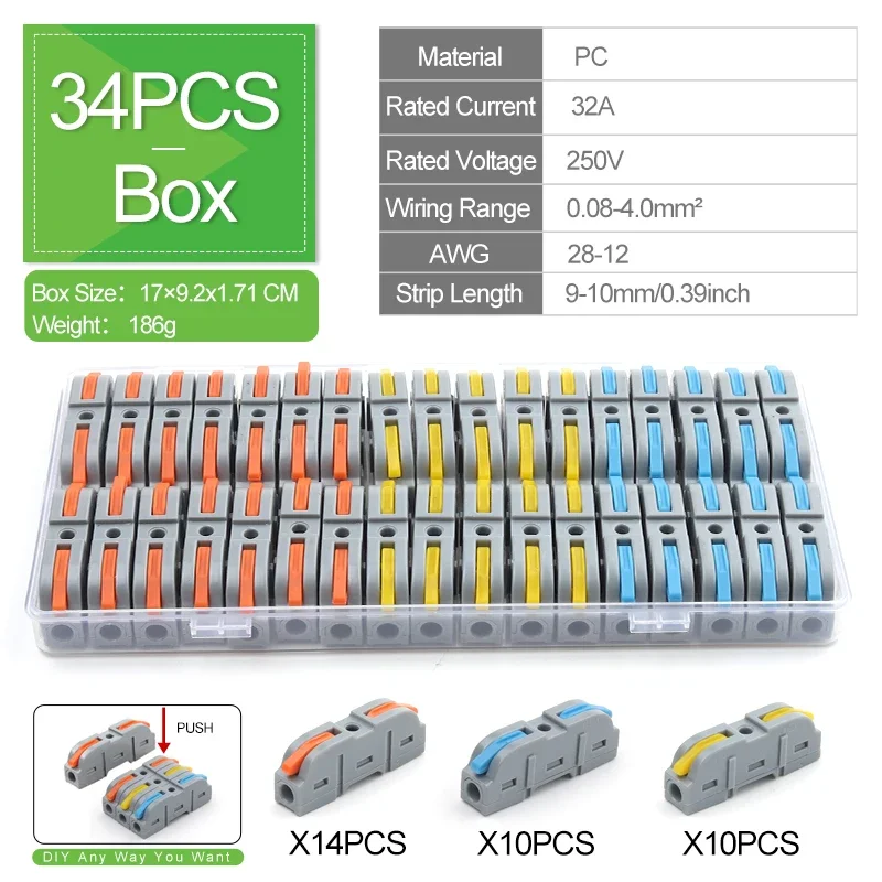 34PCS Boxed Lever Quick Home Draadconnectoren Terminals Dirigent Spliceable Butt Bedradingsblok Herbruikbare elektrische connectoren