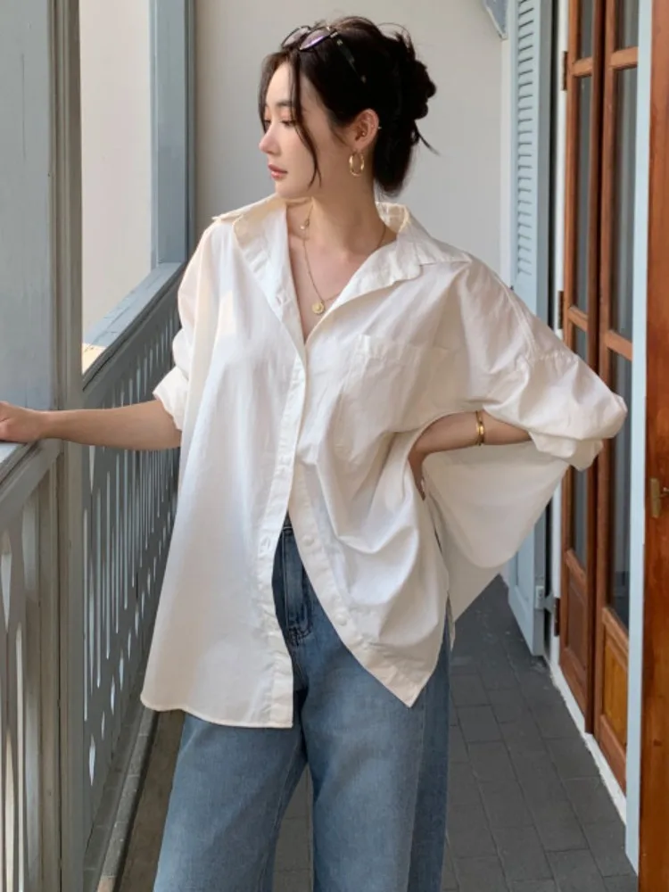 Chic printemps décontracté coupe ample longue Sve irt femmes col rabattu petits boutons polyvalent confortable chemisier asymétrique