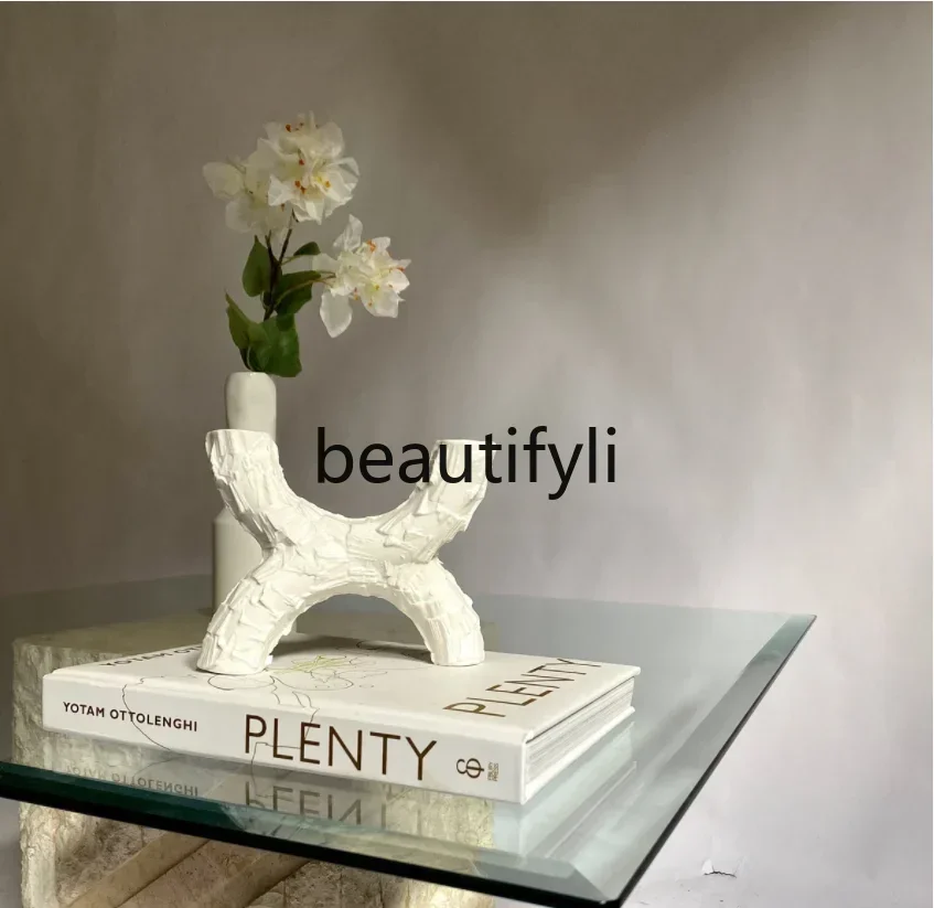 smt1 Designer natural travertine coffee table art, broken effect, tempered glass coffee table, small apartment customization