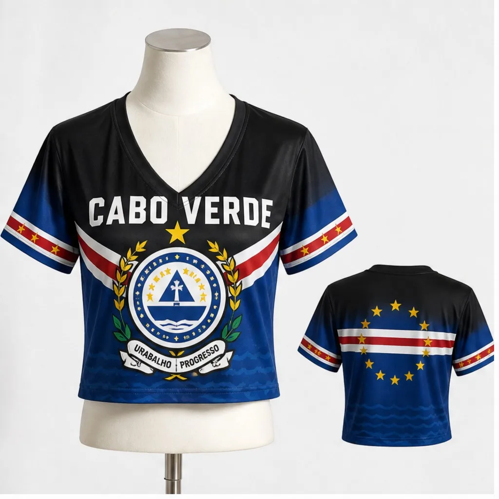 Womens Cape Verde V Neck Short Sleeve Crop Top Crest Star Wave Print Casual Summer Shirt for Street Travel Holiday Everyday Wear