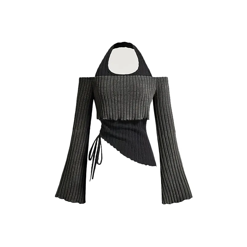 Sexy Slim Fit Halter Layered Top Colorblock Two Piece Illusion Top Long Sleeve Knitted Stretch Top Casual Chic Street Shirt