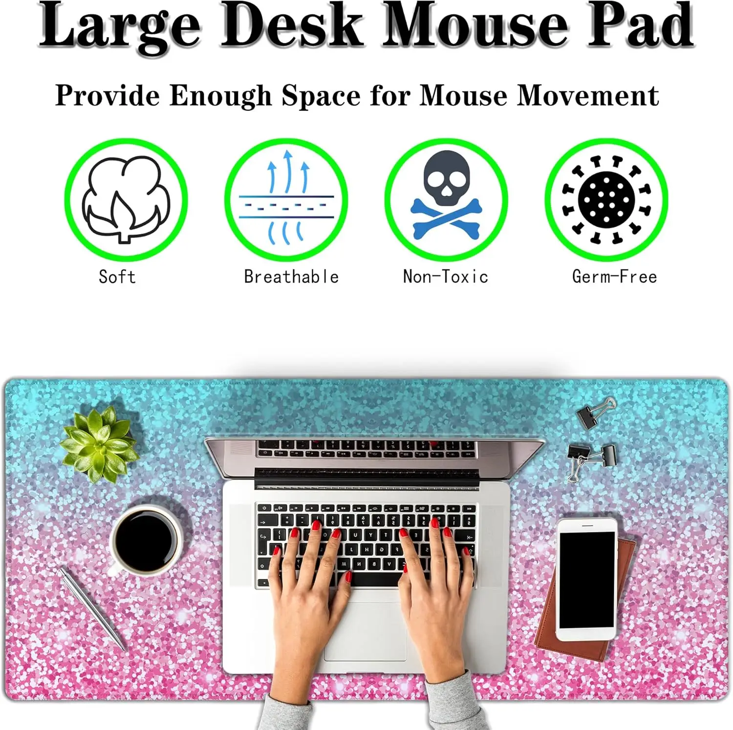 Glitter Pink Extra Large Gaming Desk Mat Waterproof Non-Slip Mouse Pad with Stitched Edges for Women, Ideal for Work and Office
