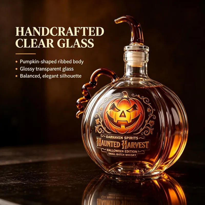 Clear Glass Pumpkin Shape Liquor Decanter, Halloween Decor Whiskey Wine Bottle, Unique Glass Carafe for Bar Display & Holiday
