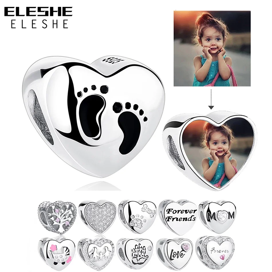 ELESHE Romantic Custom Photo Heart Charms fit Original Bracelet 925 Sterling Silver Beads DIY Original Jewelry Making