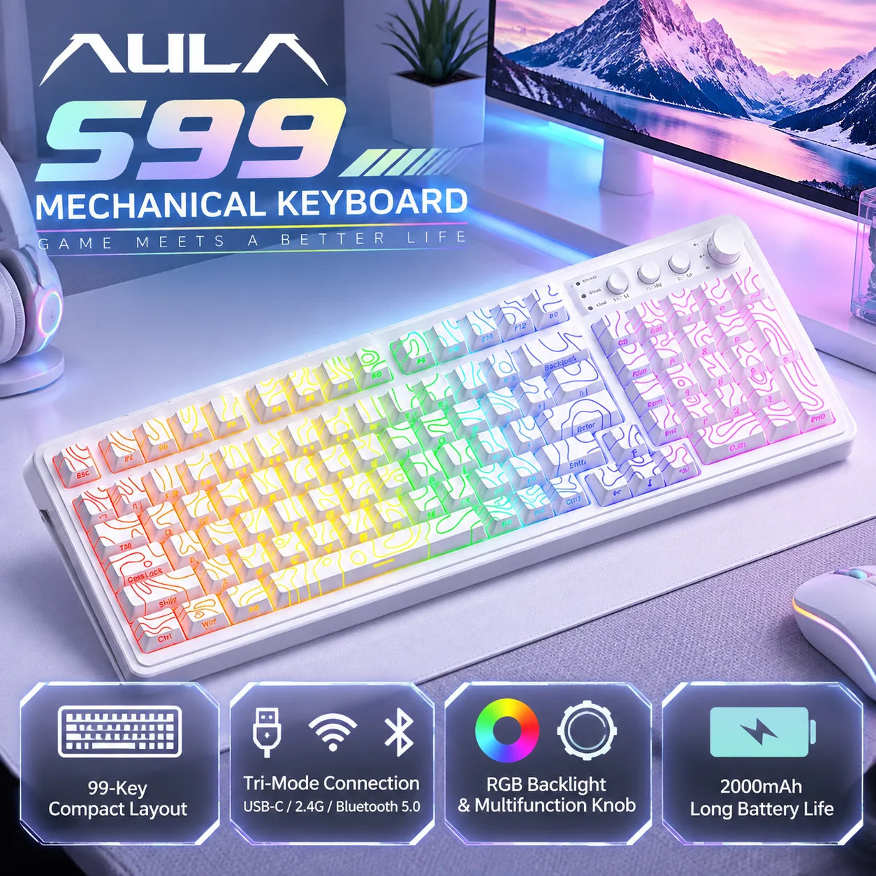 AULA S99 Mechanical Keyboard 99 Keys Tri Mode Wireless Keyboard RGB Backlit Knob Control Hot Swappable Gaming Keyboard
