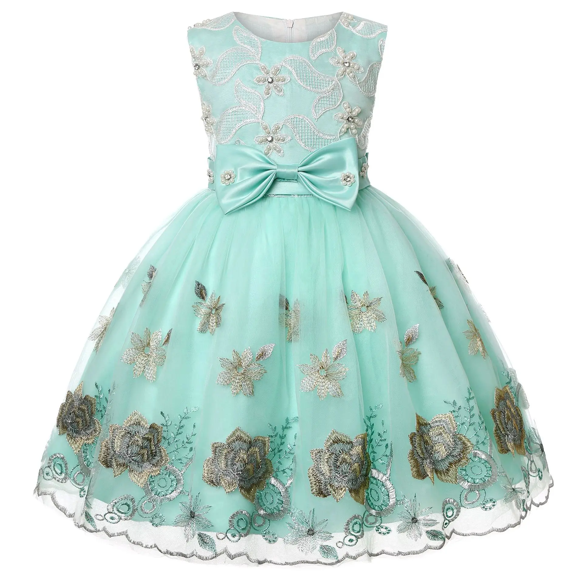 

Floral Embroidery Girls Mesh Dress 2023 Summer New Female Baby Birthday Party Dresses Green Fairy Puffy Princess Dress 3-10T