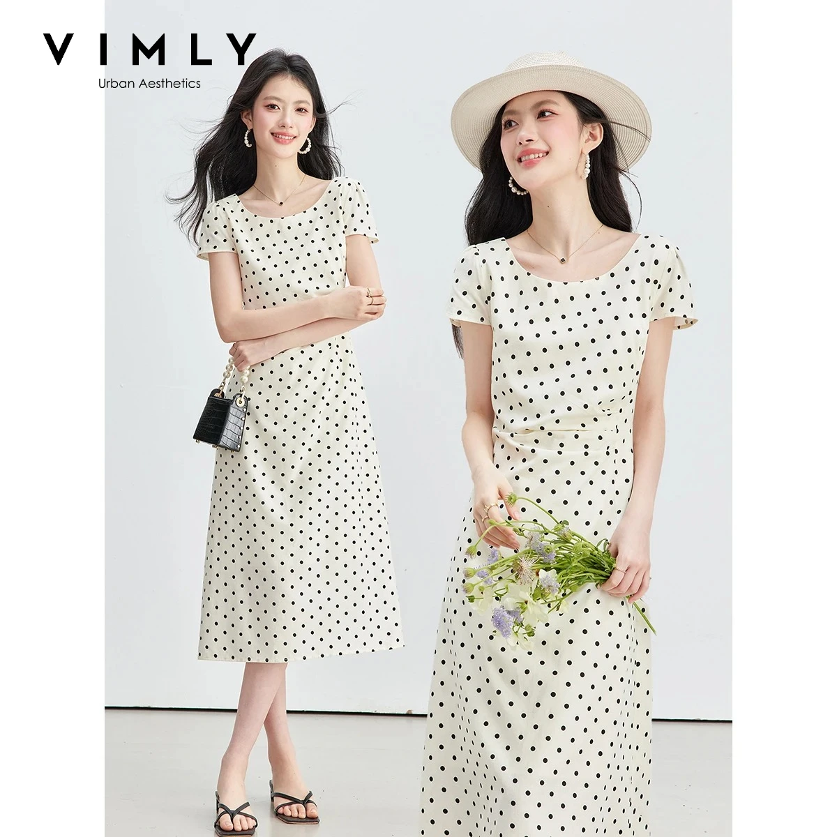 VIMLY Französisches Polka-Dot-Sommerkleid für Damen 2026 Neu Beige Modisch Elegant Rundhals Gerafftes Tailliertes Lässiges Midikleid A6659