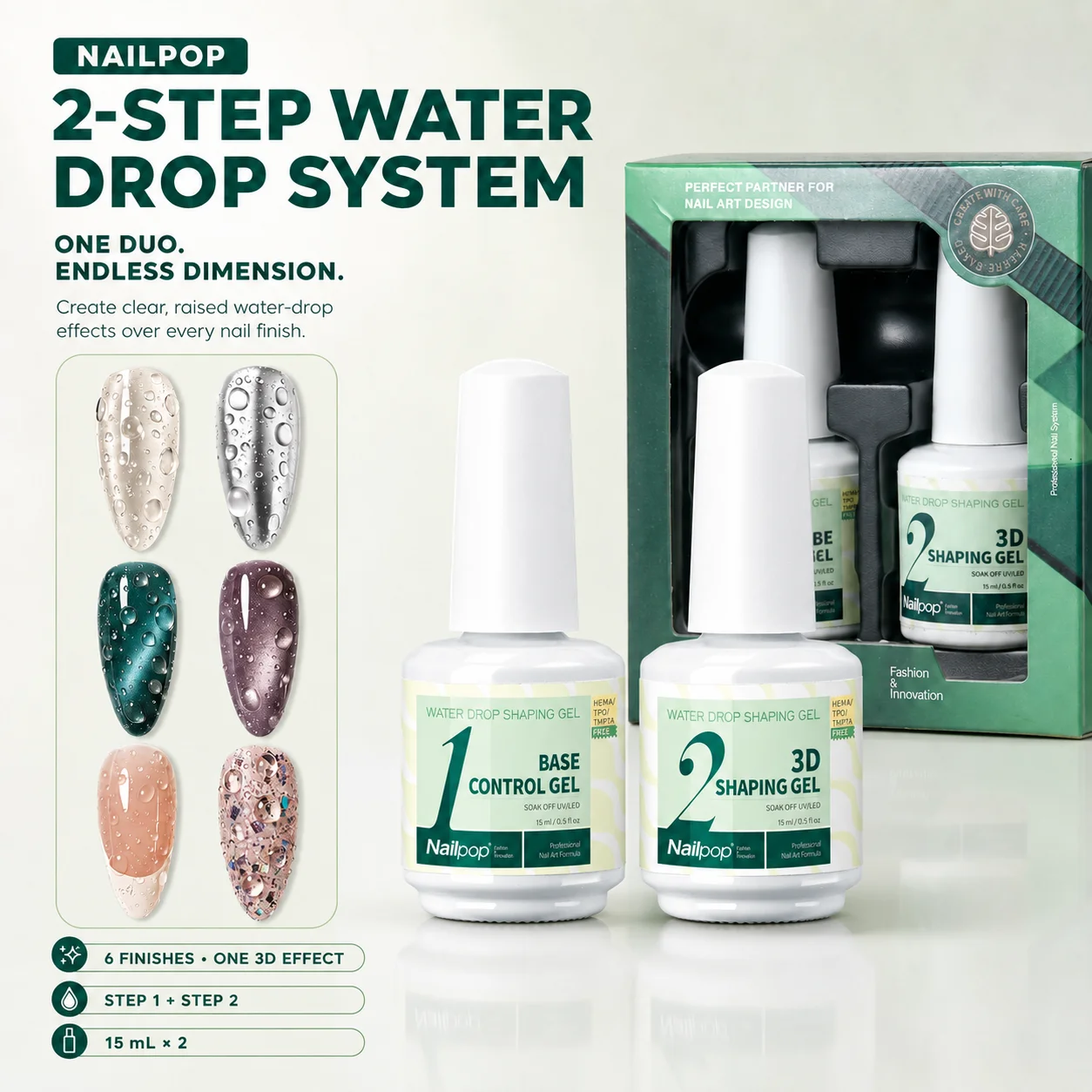 Nailpop 3D Water Droplet Top Coat No Wipe Gel 5s Quick Forming Lasting Shine 15ml Easy For Nail Art Beginner Friendly 1/2pc