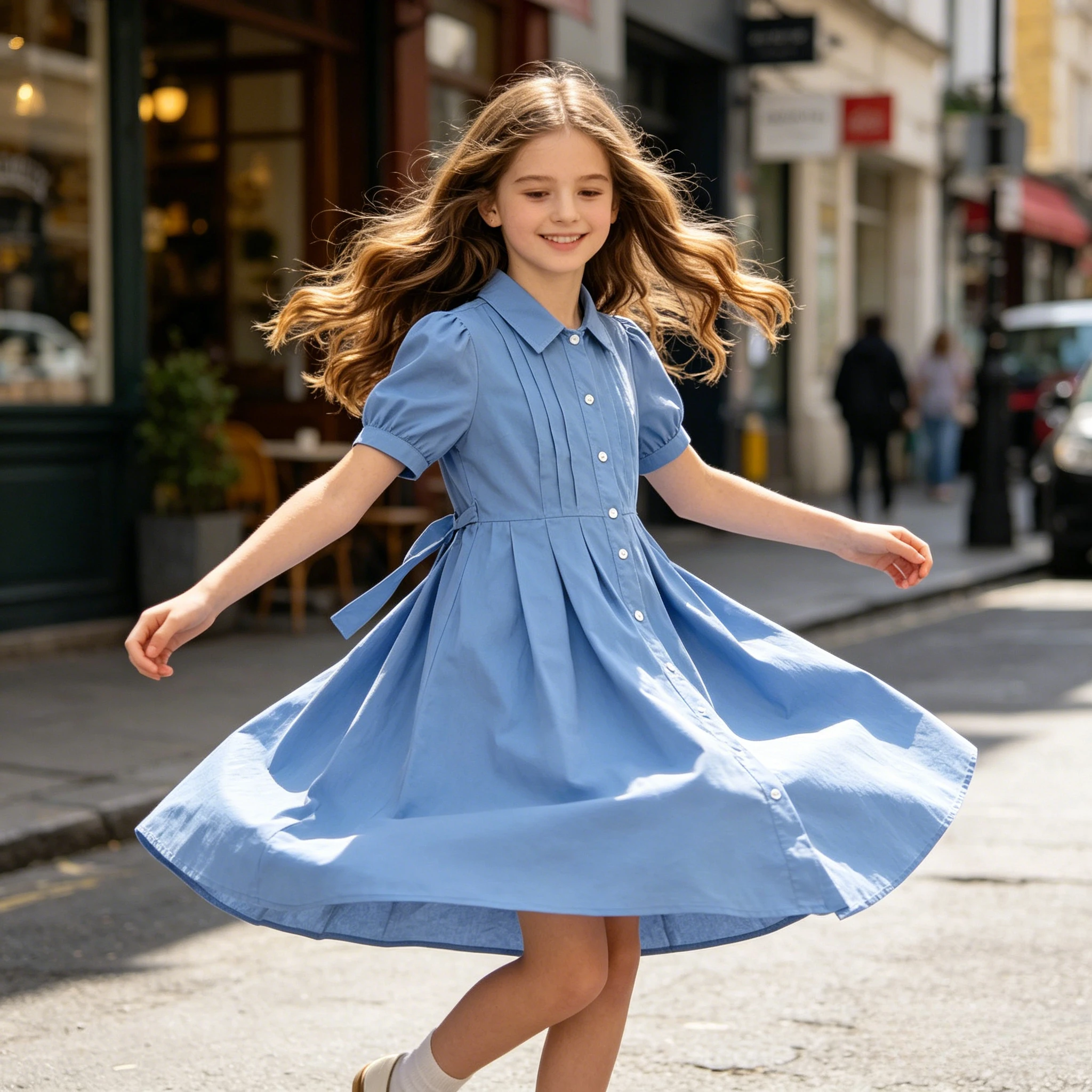 Girls Blue White Cotton Preppy Shirt Midi Dress Collared Button Down Puff Sleeve Back Bow Casual School Summer Kids Sundress