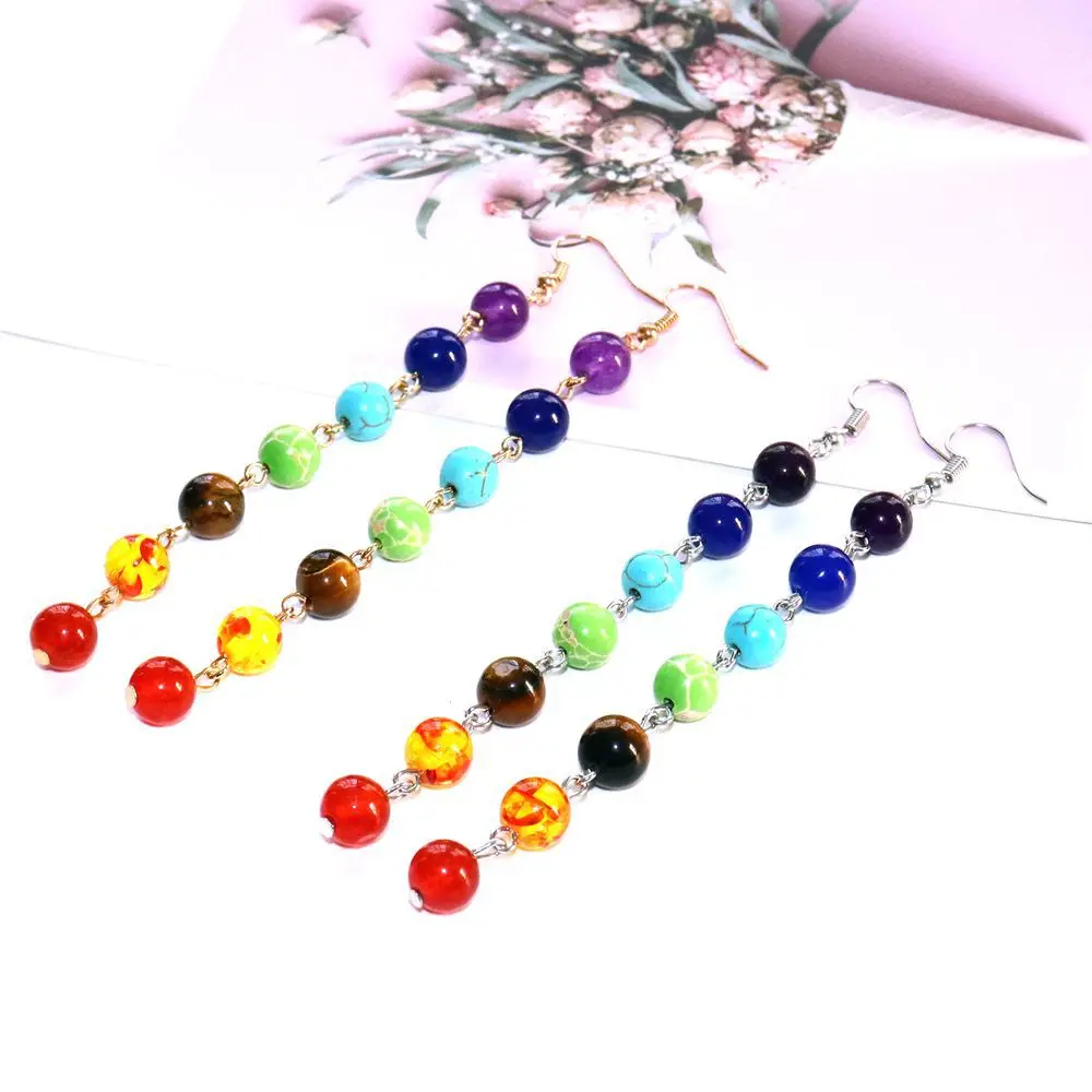 7 Chakra Rainbow Stone Beads Earrings Women Long Fringed Statement Beads Earring Reiki Healing Jewelry Gifts