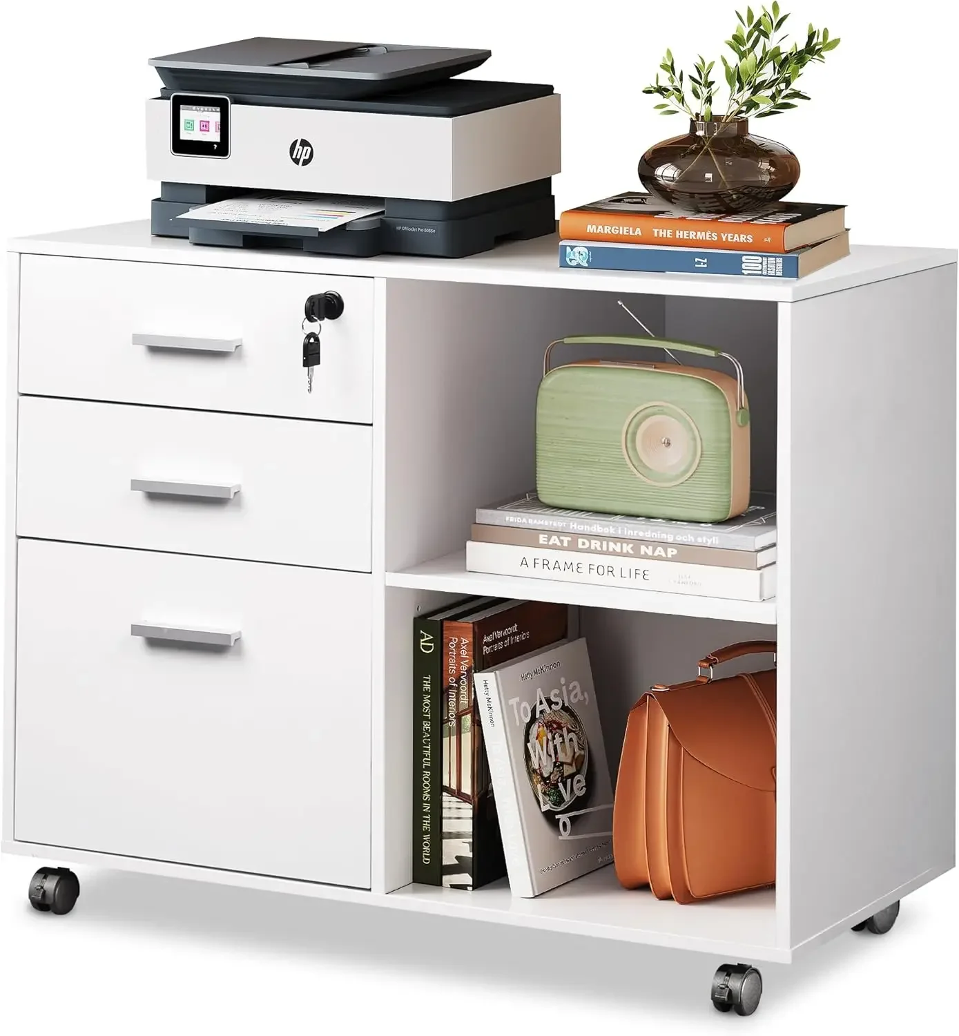 

3-Drawer Wood File Cabinet with Lock, Mobile Lateral Filing Cabinet, Printer Stand with Open Storage Shelves for Home Office