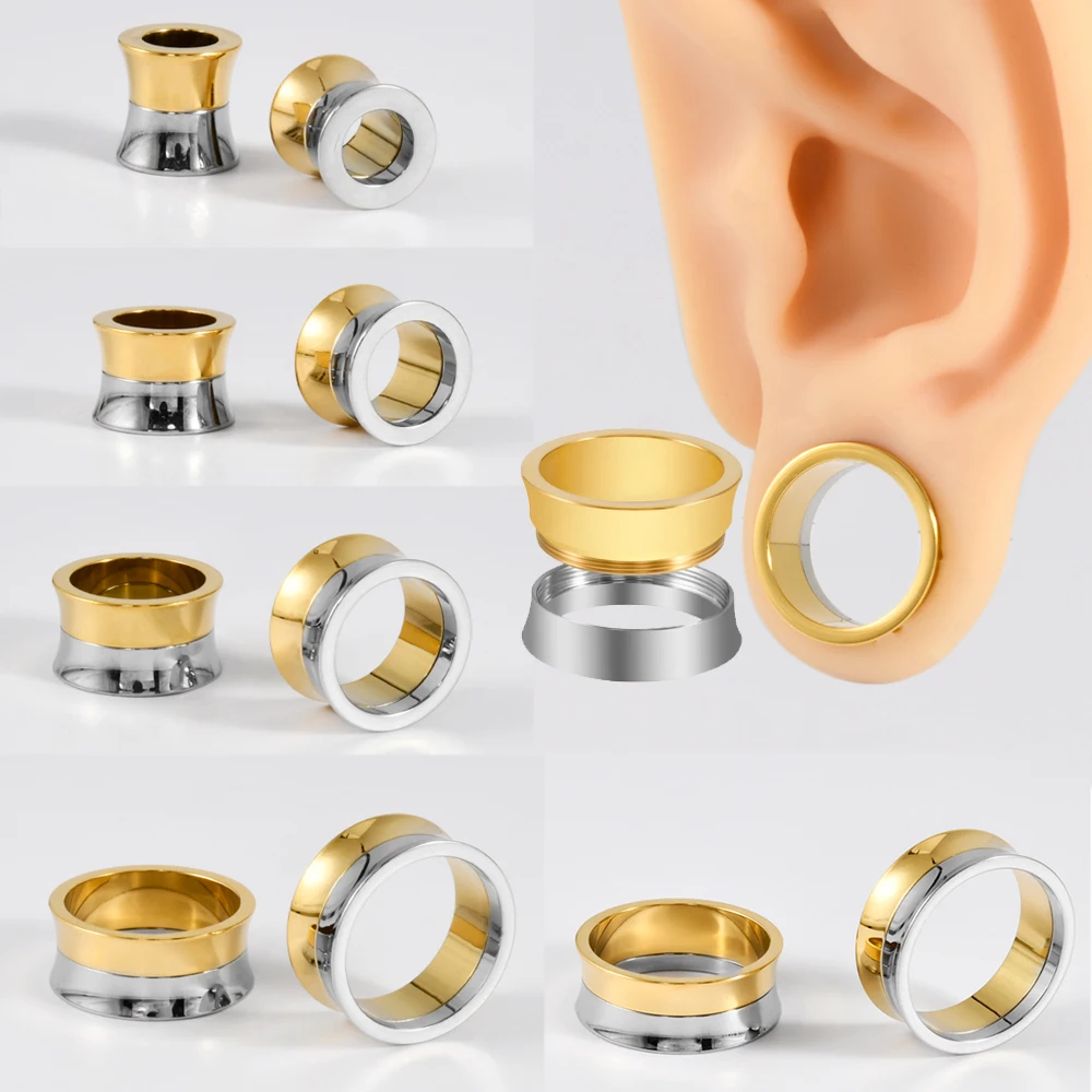 2-1PCS 2-in-1 Double Color Silver&Gold Holow Flared Internal Thread Ear Tunnels Steel Gauge Strecher Expansion Saddle Ear Plugs