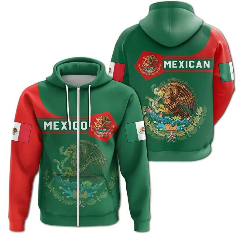 Harajuku 3D Mexico Skull Aztec Warrior Flag Printing Zip Up Hoodies For Men Mexican Coat Of Arms Graphic Zip Up Sweatshirts Tops