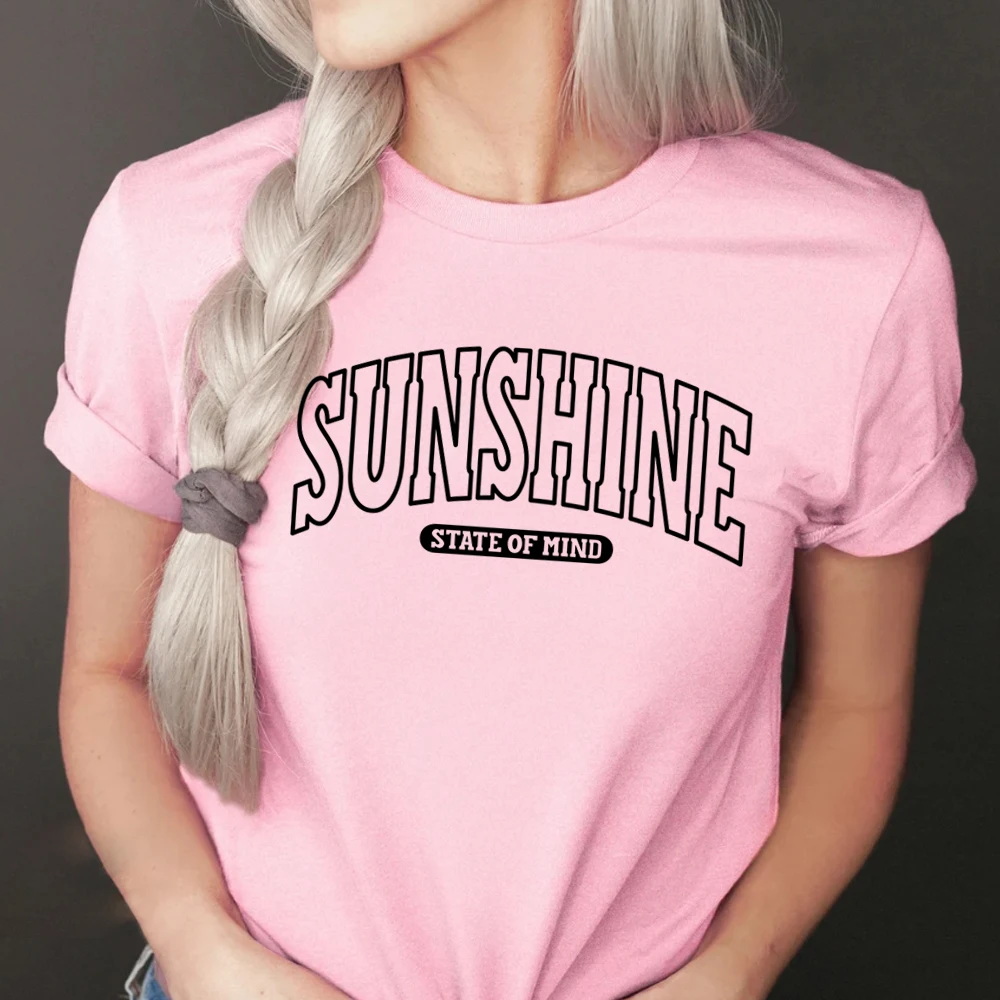 Sunshine State of Mind Summer Life Top Beach Vibes Shirt Varsity Sunshine on My Mind Print Tee Women's T-Shirts Womens Clothing