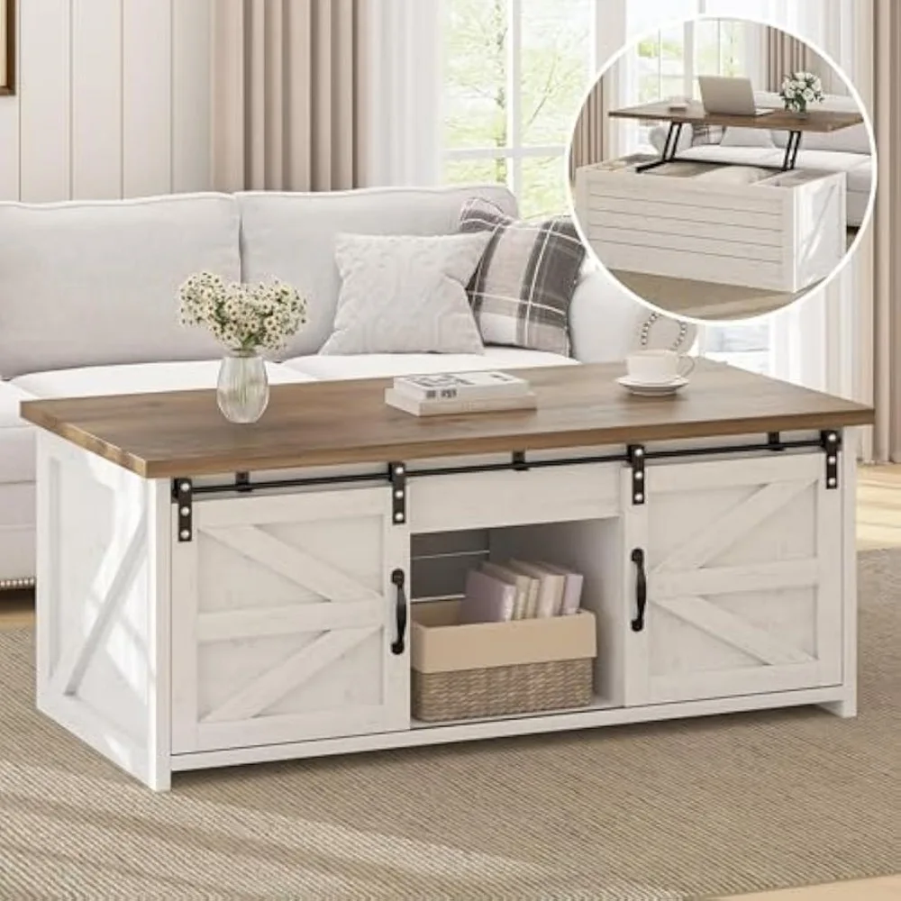 

Farmhouse Coffee Table Lift Top with Storage, 48 Inch White Coffee Table with Sliding Barn Doors, White Center Table with Large