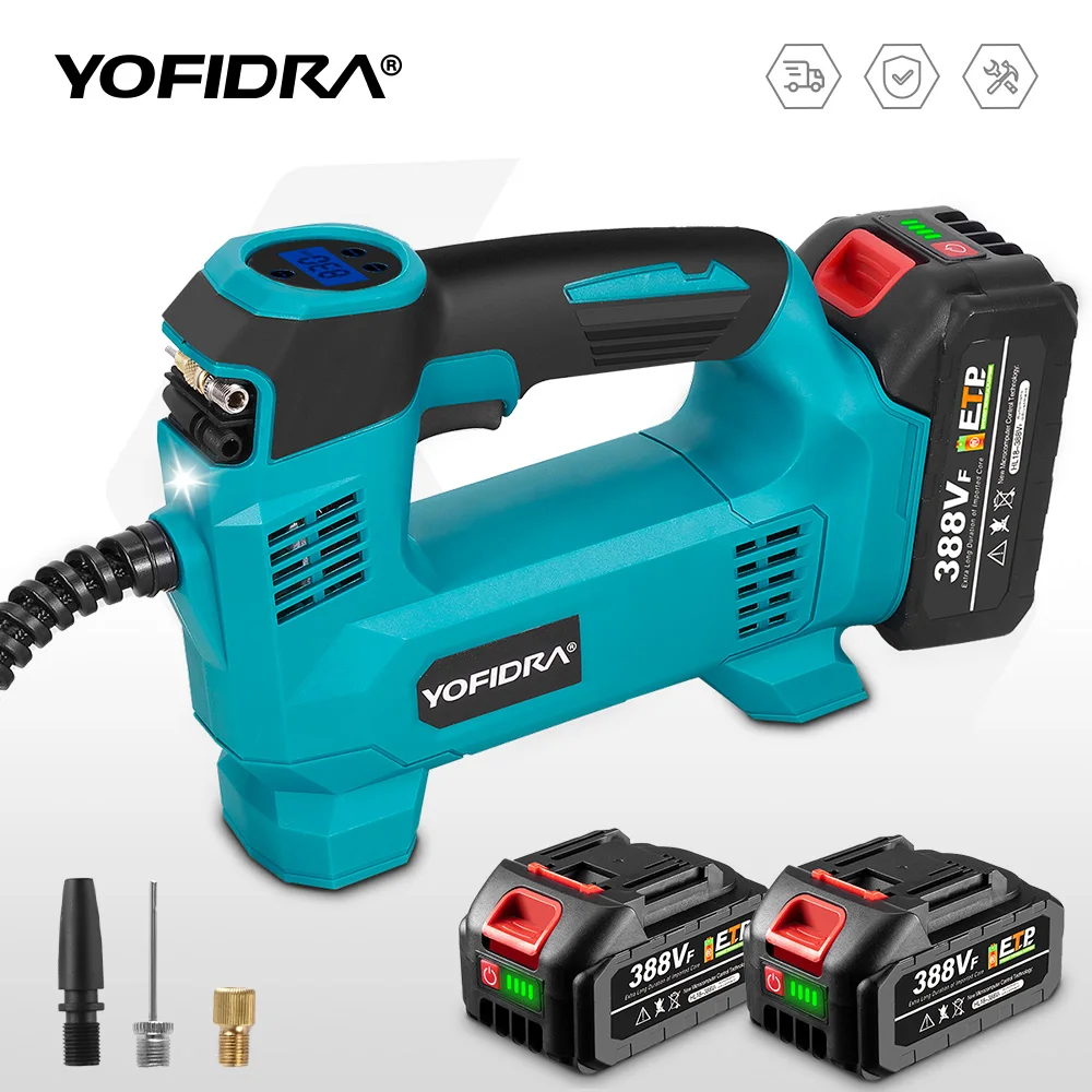 YOFIDRA Kabelloser Hochdruck-Luftkompressor mit digitaler Anzeige für Autoreifen, kompatibel mit Makita-Akkus.