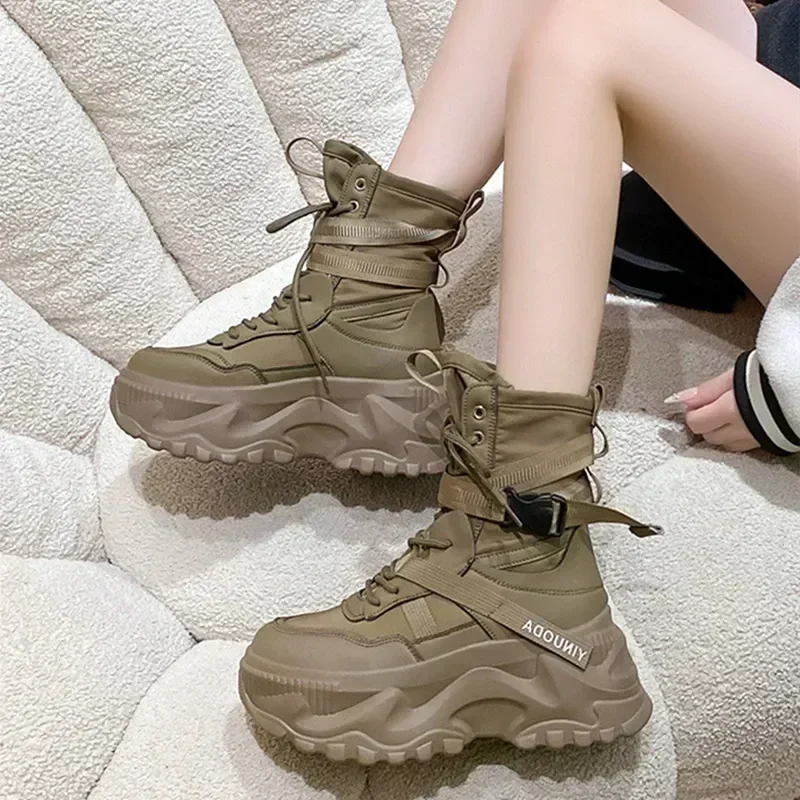 Classic Lace-up Platform Boots Women Mid-calf Flat Boots for Women Mesh Leather Splicing Light Non-slip Breathable Casual Boots