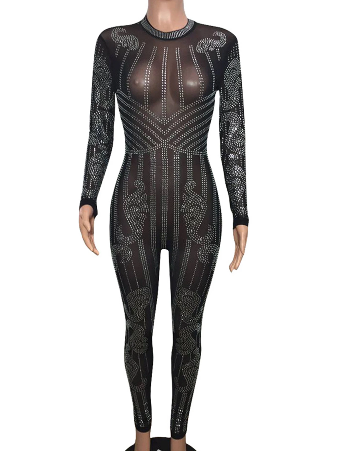 Sexy see through Black mesh Rhinestone jumpsuit women body birthday party jumpsuits one piece club rave outfit bodysuit overalls