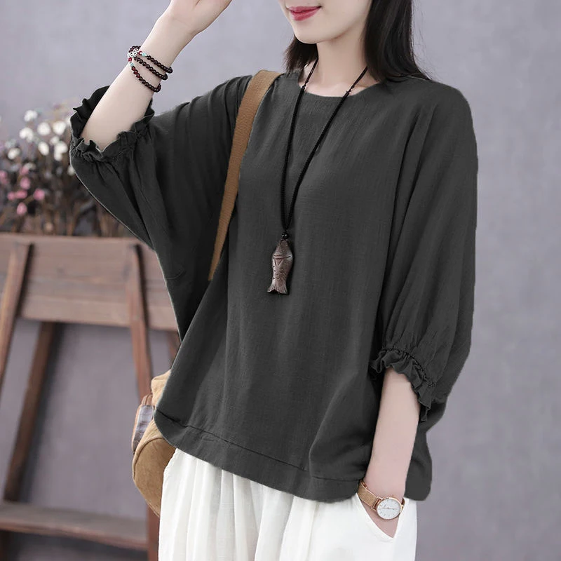 Summer New Loose Casual Batwing Half Sleeve Ruffles Shirt Ladies O Neck Solid Color Top Female Oversized Pullover Blouse Femme