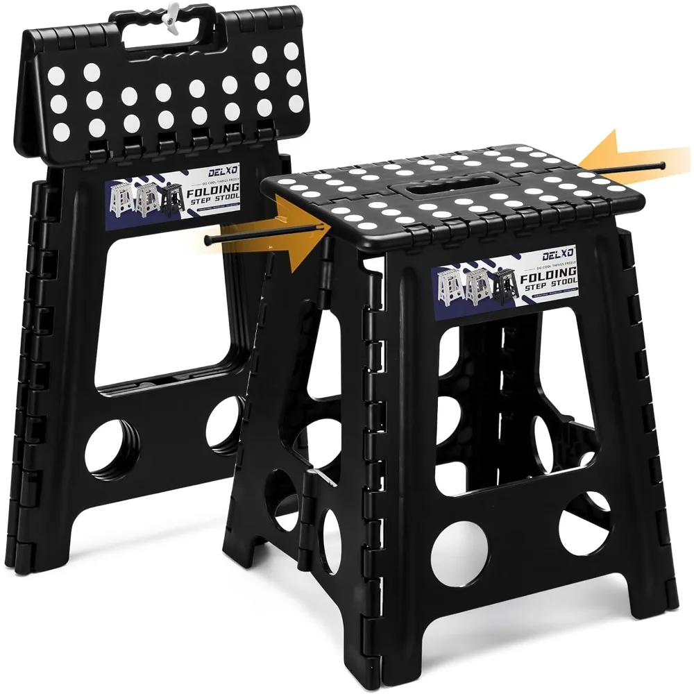 

16 Inch Foldable Step Stool with Safety Lock Portable Plastic Non Slip Kitchen Bathroom Bedroom 400LBS Black