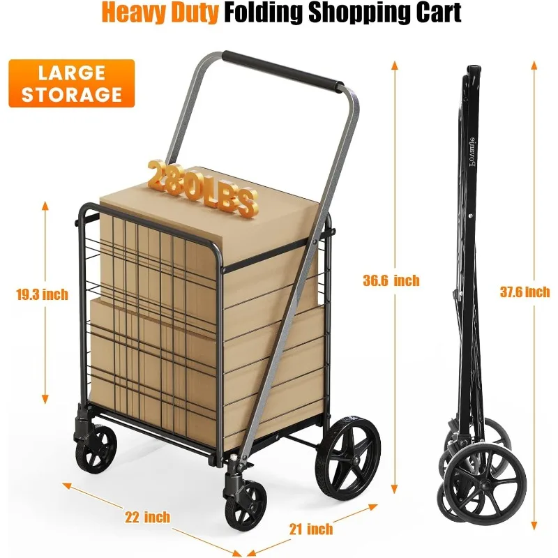 [Upgrade] Shopping Cart for Groceries, 280 LBS Large Grocery Cart with Waterproof Liner, 360° Rolling Swivel Wheels, Heavy Duty