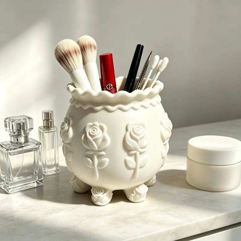 Multifunctional White Embossed Rose Storage Cup, Wavy-Edged Six-Rose Base Makeup Brush Holder, Dual-Purpose for Makeup Storage and Small Flower Vase, Desktop Decoration Ornament
