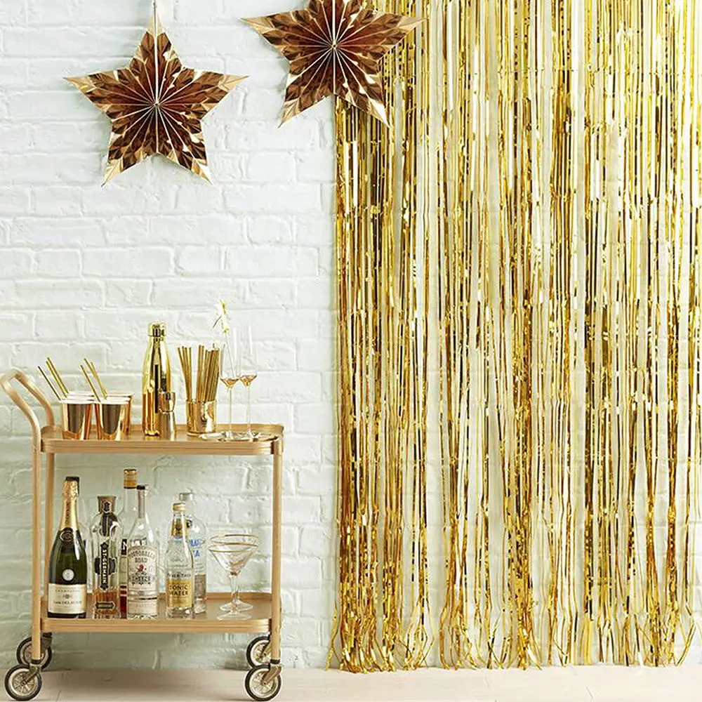 1x2 M Bright Golden Rain Silk Curtains Birthday Party Background Wall Decoration Tassels Sparkling Aluminum Film Walls Curtain