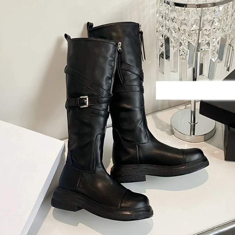 

Metal Buckle Belt Zipper Pleated Knee High Boots Sexy Round Toe Matte Leather New Arrivals Fashion Women Modern Boots