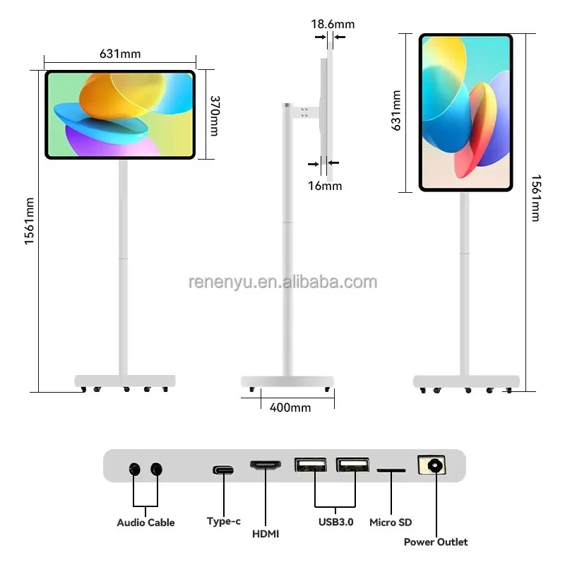 27-inch Android Smart Touch Screen with Battery, 1920x1080 Rotatable Mobile Display, 8+128GB All-in-One Tablet Kiosk