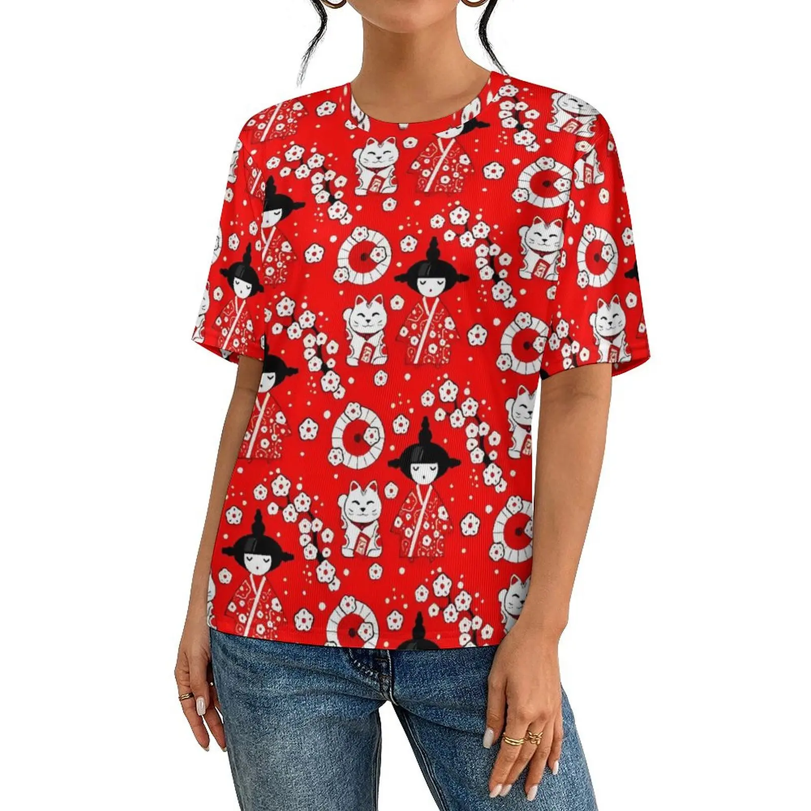 Plus Size T Shirt Summer Red Japanese Dolls T-Shirts Kokeshi and Maneki Neko Cats Funny O Neck Tee Shirt Men Vintage Design Tees