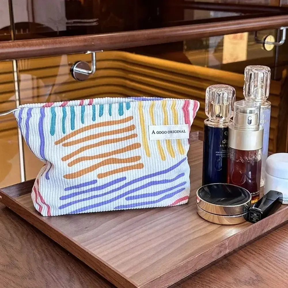 New Women Travel Cosmetic Bag Corduroy Fashion Striped Makeup Pouch Clash Color Make Up Organizer Beauty Storage Cases